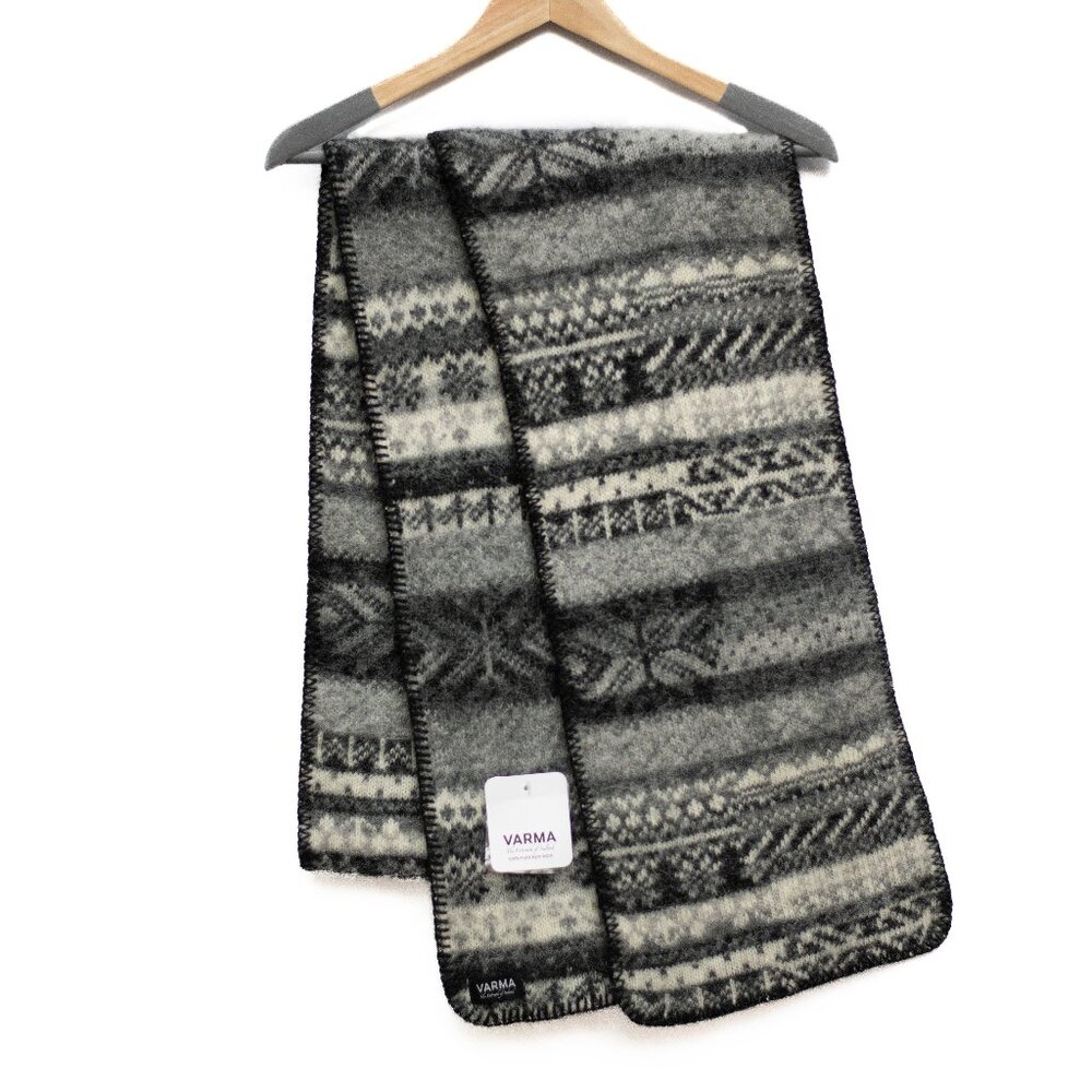 Varma Iceland Wool Scarf Gray Black White 100"x10" Nordic Fair Isle NWT Warm - Picture 1 of 9